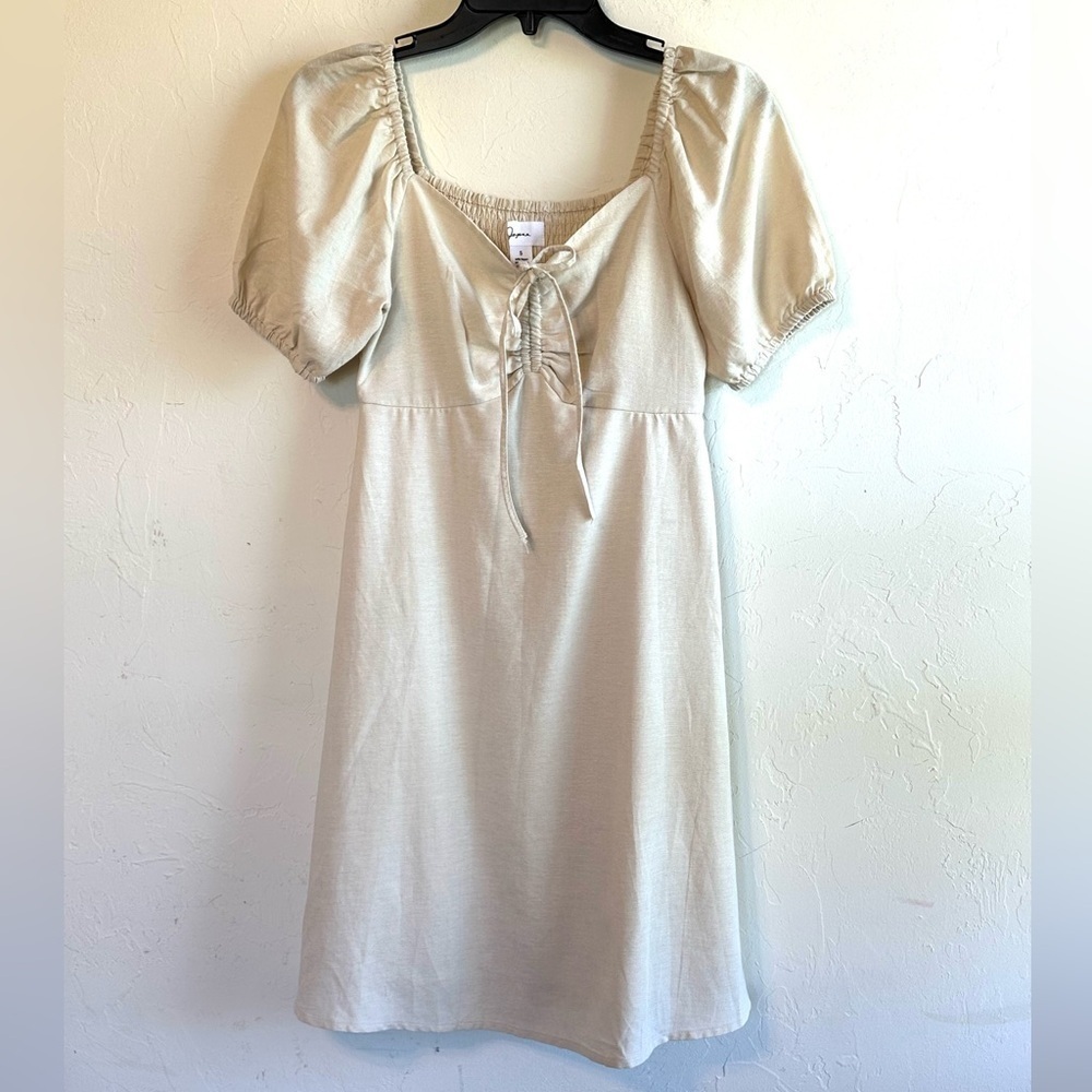 Japna Cream Puff Sleeve Sweetheart Neck Cotton/Linen Boho Midi Dress Sz S